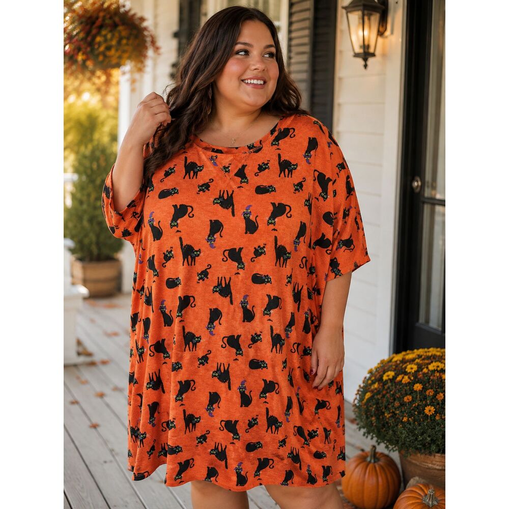 Orange Celebrate Halloween Cat Purple Hat Print T-Shirt Dress 2X 18W-20W